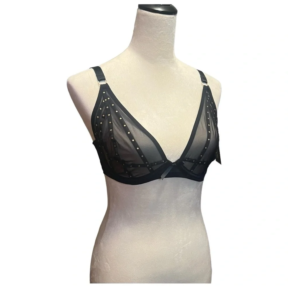 Frederick’s of Hollywood black mesh with gold studs rozlyn bra size 32DD NWT - Picture 5 of 8